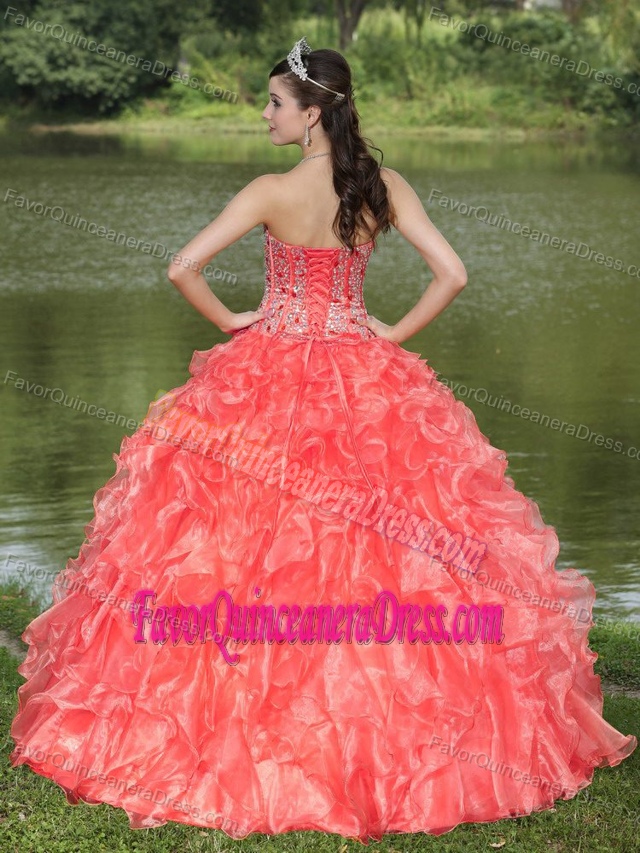 Sassy Ruffled Sweetheart Orange Red Quinceanera Gowns in Organza
