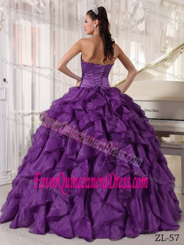 Ruffled Skirt Upscale Dress for Quinceaneras by Purple Taffeta and Organza