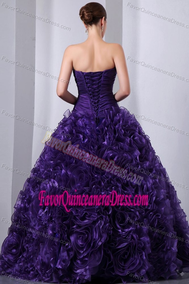 Popular Purple Strapless Beaded Quinceanera Dresses with Rolling Flowers