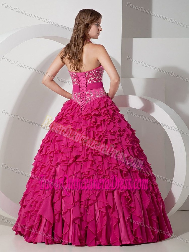 Halter Floor-length Chiffon Embroidered Quinceanera Dress in Hot Pink