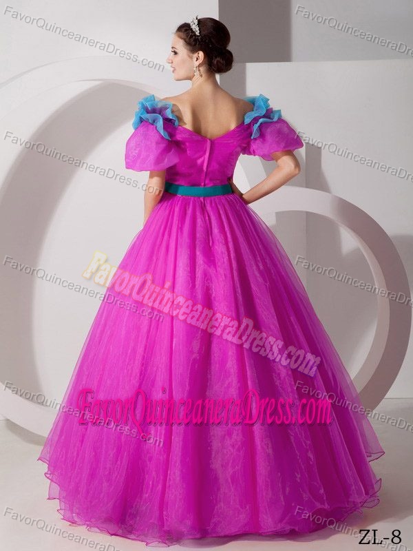 V-neck Organza Fuchsia Quinceaneras Dress with Hand Made Flowers