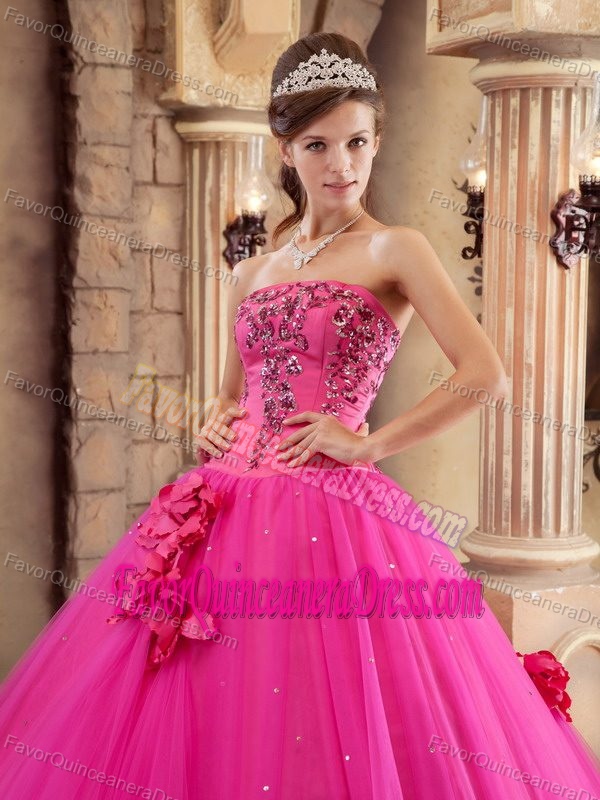 Strapless Satin and Tulle Beaded Quinceanera Gown Dress in Hot Pink