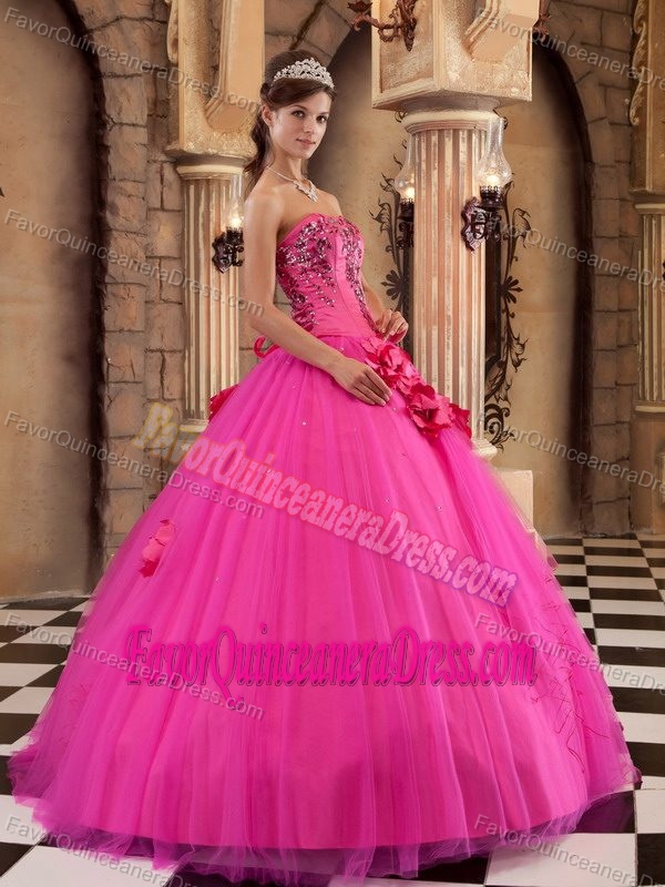 Strapless Satin and Tulle Beaded Quinceanera Gown Dress in Hot Pink