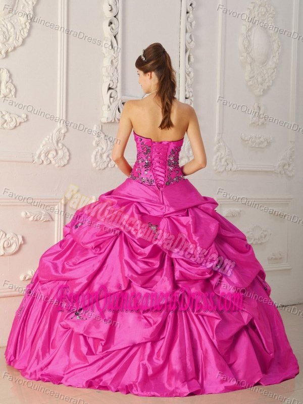 Classical Strapless Taffeta Appliqued Quinceanera Dresses in Hot Pink