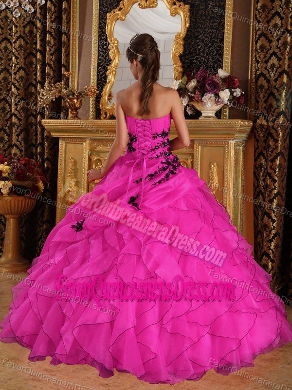Cheap Hot Pink Sweetheart Organza Quinceanera Dress with Appliques