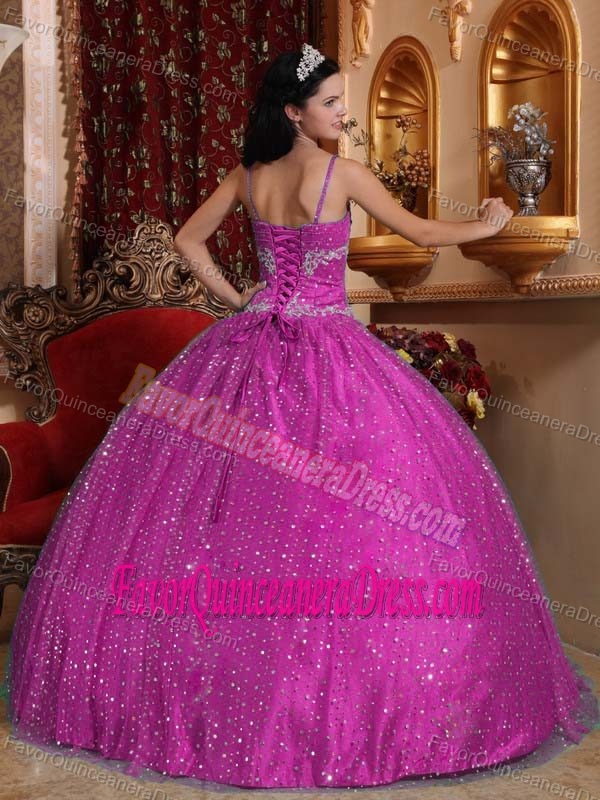 Hot Pink Spaghetti Straps Sequined Quinceanera Dress with Beading on Sale