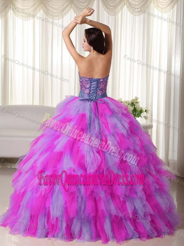 Multi-color Strapless Floor-length Tulle Quinceanera Dress with Appliques
