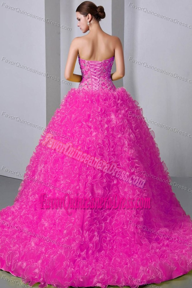 Hot Pink Brush Train Organza Quinceanea Dress with Ruffles and Beading