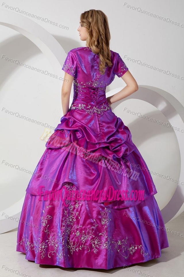 Embroidery Strapless Floor-length Taffeta Quinceanera Dress with Ruching