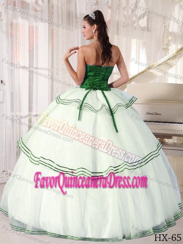 Strapless White and Green Layered Organza Quinceanera Dresses with Beading