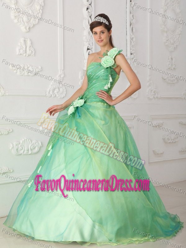 Apple Green One Shoulder Organza Dress for Quince with Bead and Flower