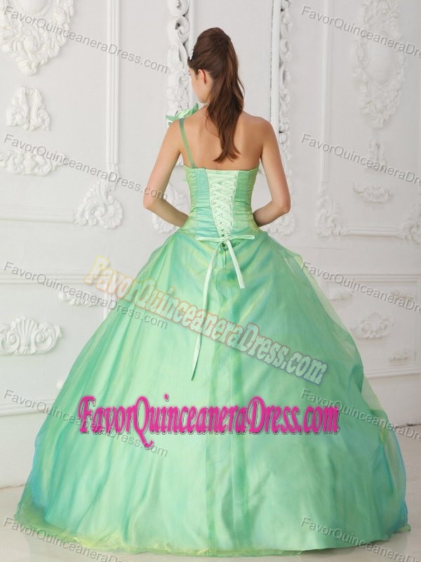 Apple Green One Shoulder Organza Dress for Quince with Bead and Flower