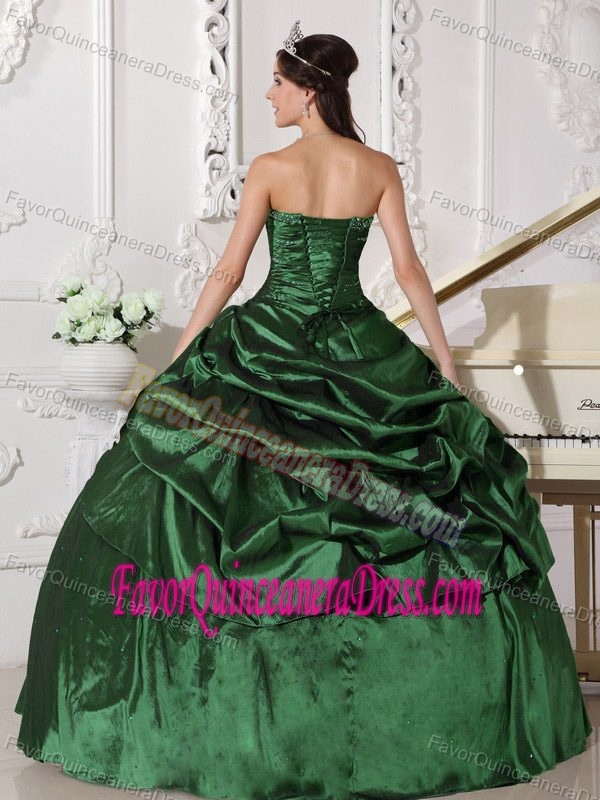 Taffeta Hunter Green Ball Gown Quinceaneras Dress with Ruche and Pick-up