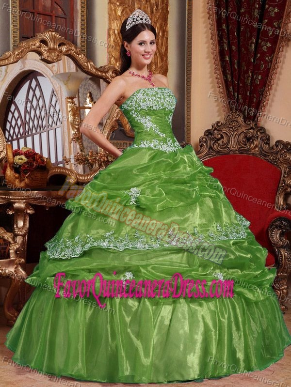 Elegant Olive Green Organza Quinces Dresses with Appliques and Pick-ups