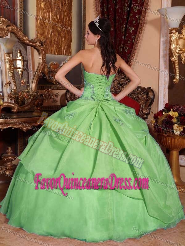 Perfect Appliqued Strapless Green Organza Quince Dresses with Pick-ups