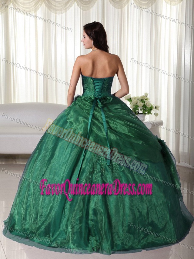Hot Sale Dark Green Organza Strapless Quinces Dresses with Embroidery