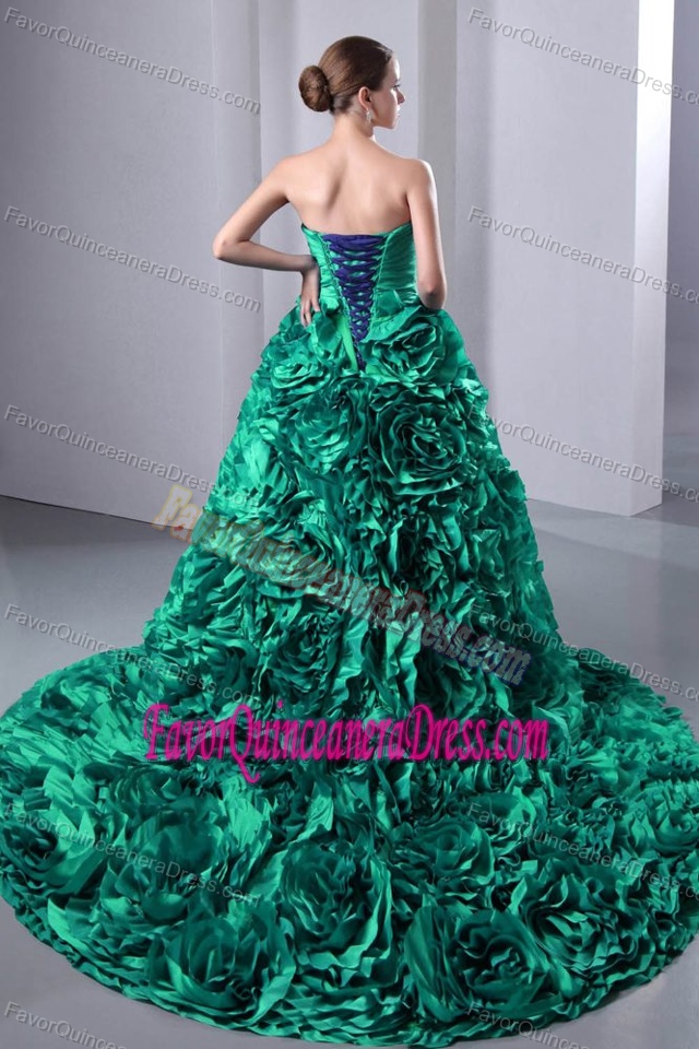 2014 Teal Sweetheart Sweet Sixteen Dresses with Rolling Flowers in Taffeta