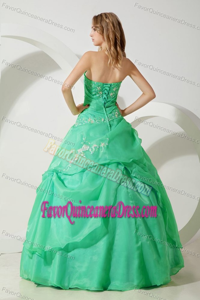 Popular Green Organza Floor-length Sweet Sixteen Dress with Embroidery