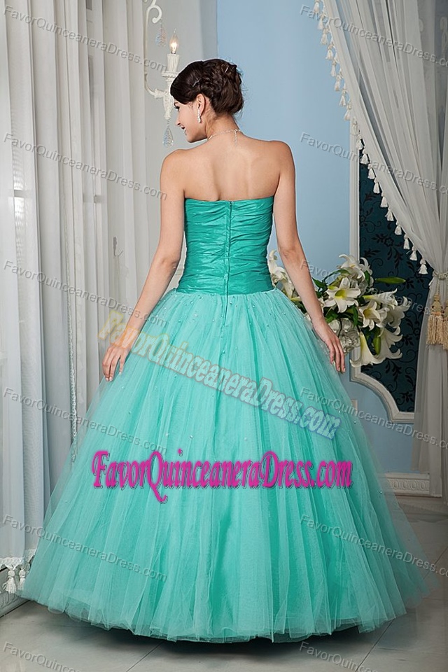 Perfect Turquoise Beaded Sweetheart Long Sweet Sixteen Dresses in Tulle
