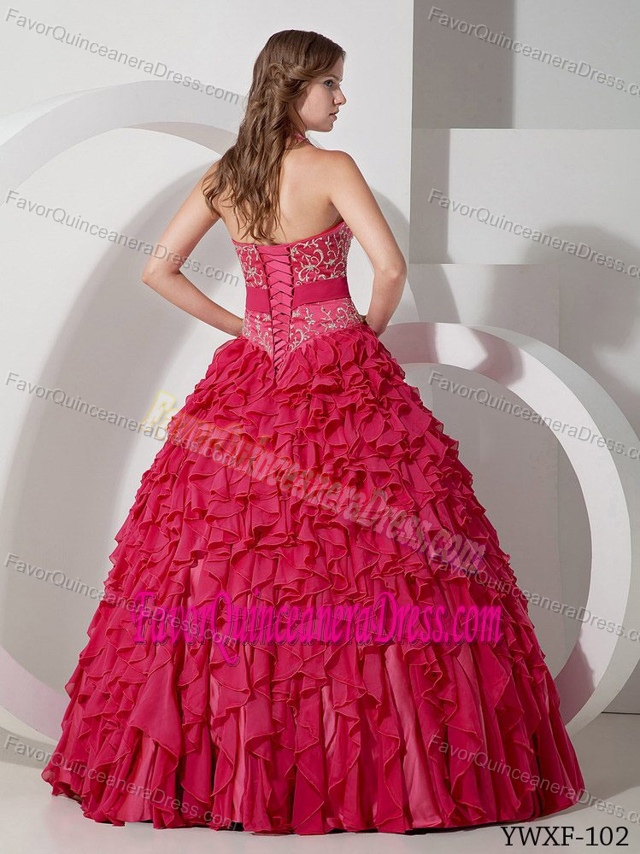 Beaded Halter Top Ruffled Sweet Sixteen Quinceanera Dresses with Bowknot