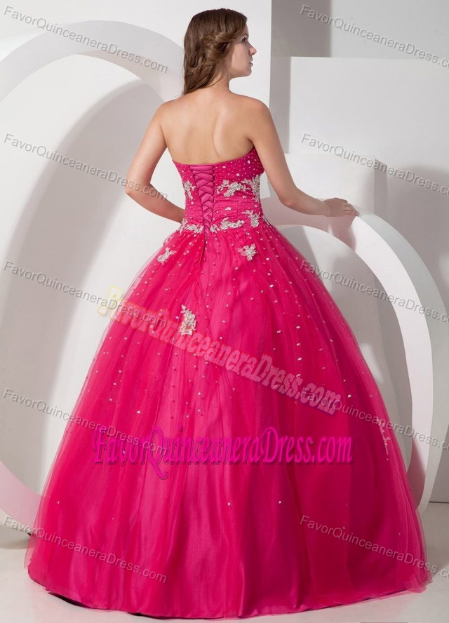 Sweetheart Tulle Beaded Dress for Quinceaneras with White Appliques on Sale