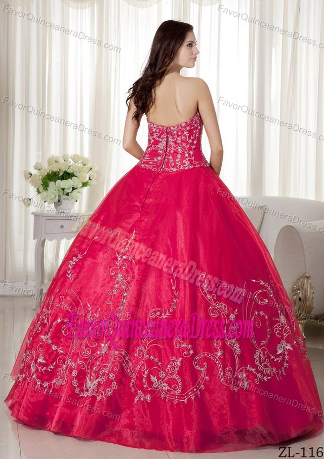 Beaded Bodice Red Organza Dress for Quinceanera Decorated with Embroidery