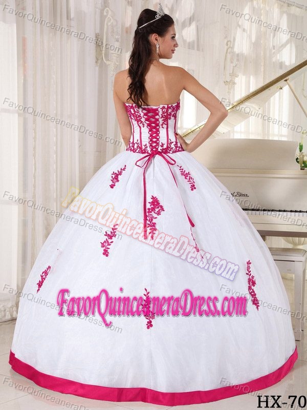 White and Hot Pink Strapless Dresses for Quinceanera with Appliques on Sale