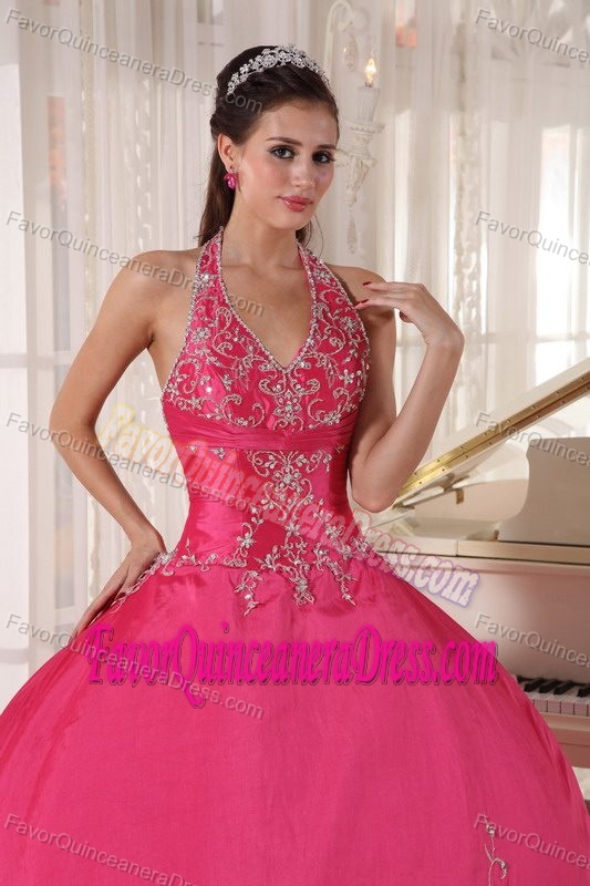 Red Halter Top Taffeta Dress for Quinceanera Decorated with Embroidery