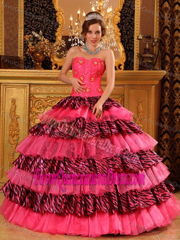 Beautiful Strapless Organza Hot Pink Dress for Quinceaneras with Ruffled Layers