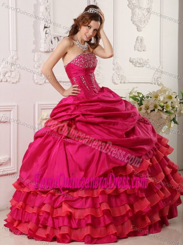 Beaded Red Taffeta Dresses for Quinceanera with Ruffled Layers for Cheap
