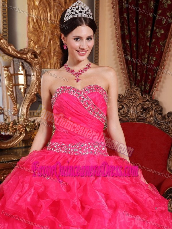 Ruffled Strapless Coral Red Organza Dresses for Quince Embellished with Beading