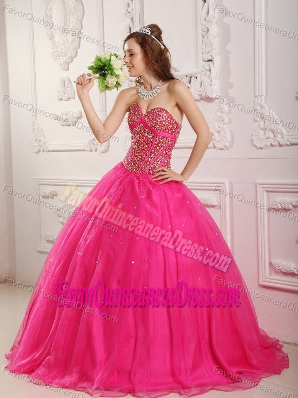 Satin and Organza Hot Pink Exquisite Dress for Quinceaneras to Floor Length