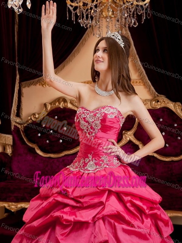 Hot Pink Ruched Taffeta Sweet Sixteen Quinceanera Dresses with Appliques