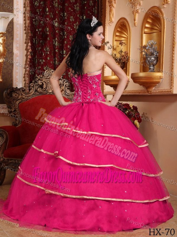 Appliqued Hot Pink Satin and Tulle Sweet Sixteen Dresses with Ruffled Layers