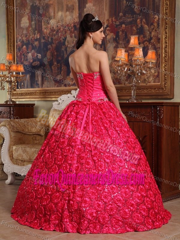 Beaded Sweetheart Coral Red Quinceaneras Dress with Rolling Flowers 2013