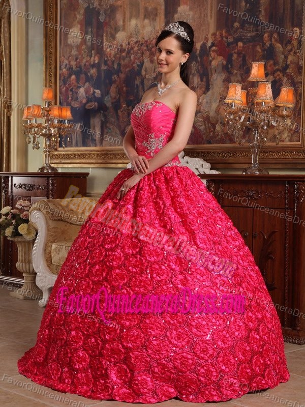 Beaded Sweetheart Coral Red Quinceaneras Dress with Rolling Flowers 2013