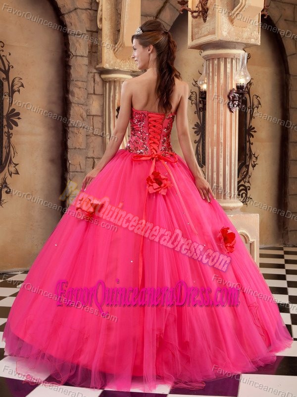 Coral Red Satin and Tulle Quinceanera Gown with Handmade Flowers for Cheap