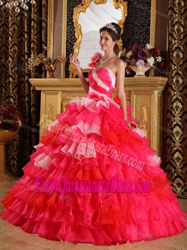 Ruffled Beaded Ball Gown Romantic Dresses for Quince with One Floral Shoulder