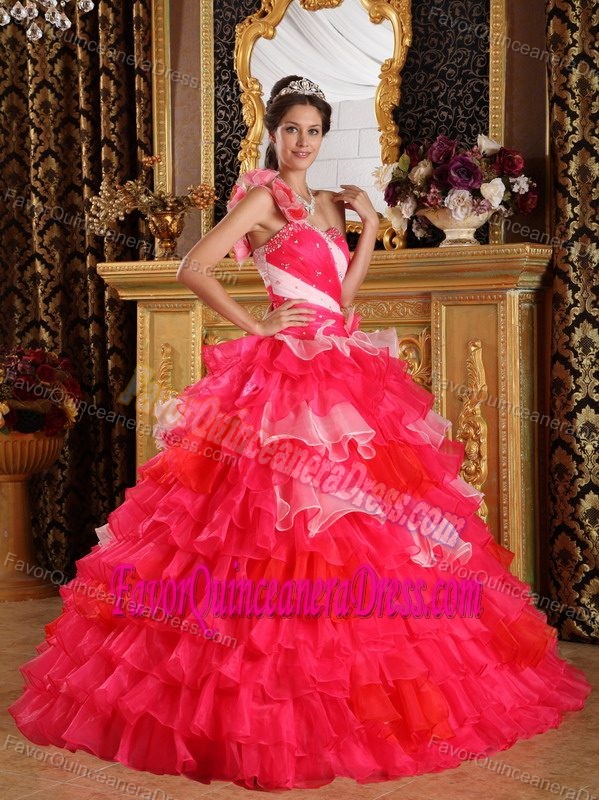 Ruffled Beaded Ball Gown Romantic Dresses for Quince with One Floral Shoulder