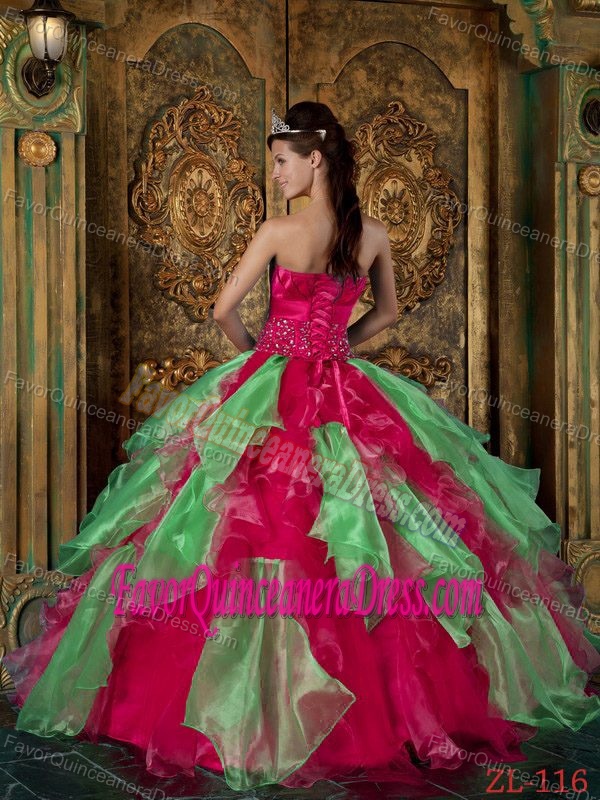 Hot Pink and Green Beaded Sweet Sixteen Dresses with Handmade Flowers