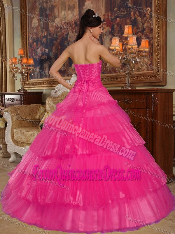 Hot Pink Strapless Dress for Quinceanera Decorated with Black Embroidery