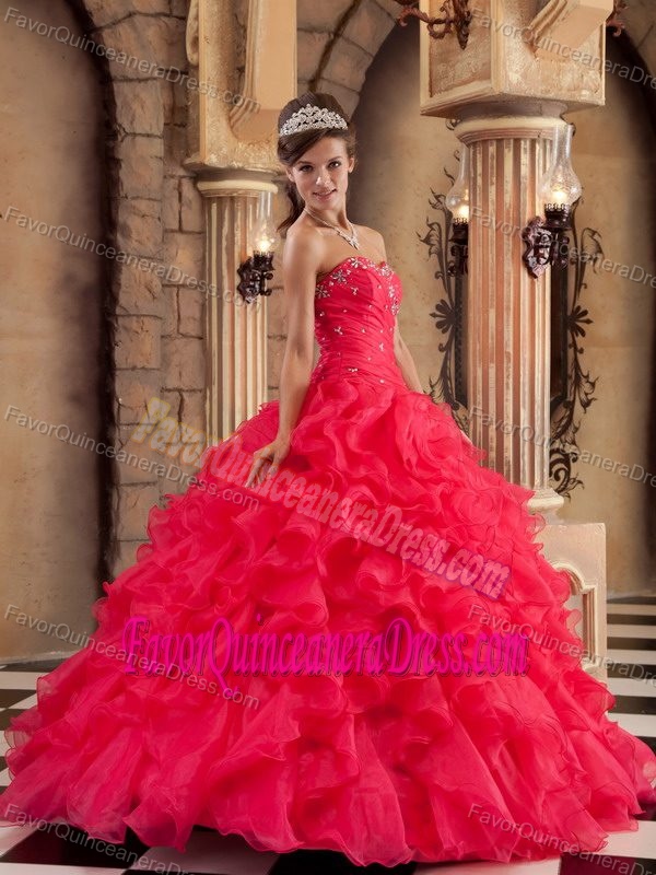Red Beaded Sweetheart Organza Sweet Sixteen Quinceanera Dresses on Sale