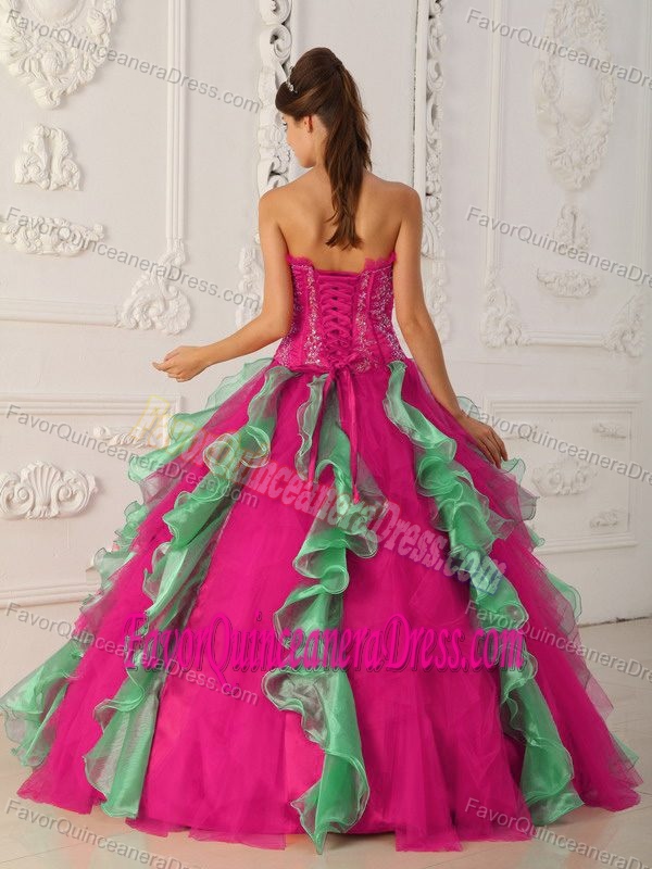 Coral Red and Green Ball Gown Strapless Floor-length Sweet Sixteen Dresses