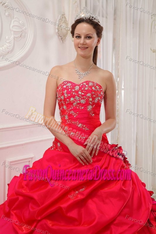 2013 Perfect Taffeta Red Ball Gown Dresses for Quince Decorated with Flowers