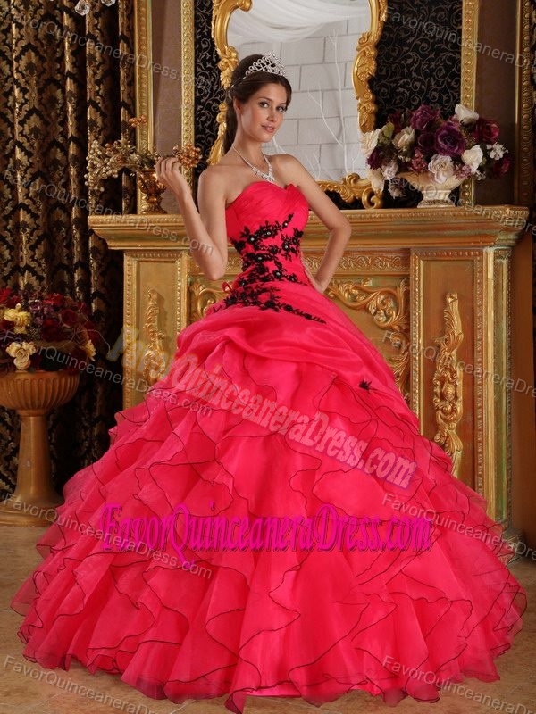 Brand new Red Sweetheart Quinceanera Gown with Side Black Embroidery on Sale