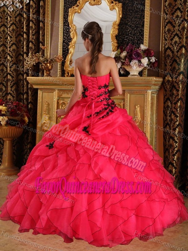 Brand new Red Sweetheart Quinceanera Gown with Side Black Embroidery on Sale
