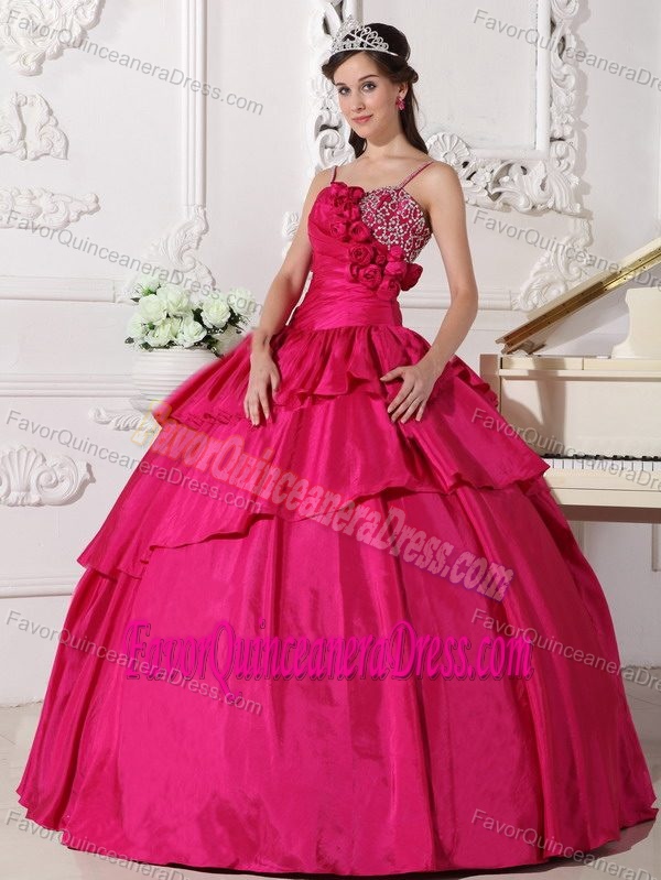 Hot Pink Layered Dress for Quinceaneras Decorated with Handmade Flowers