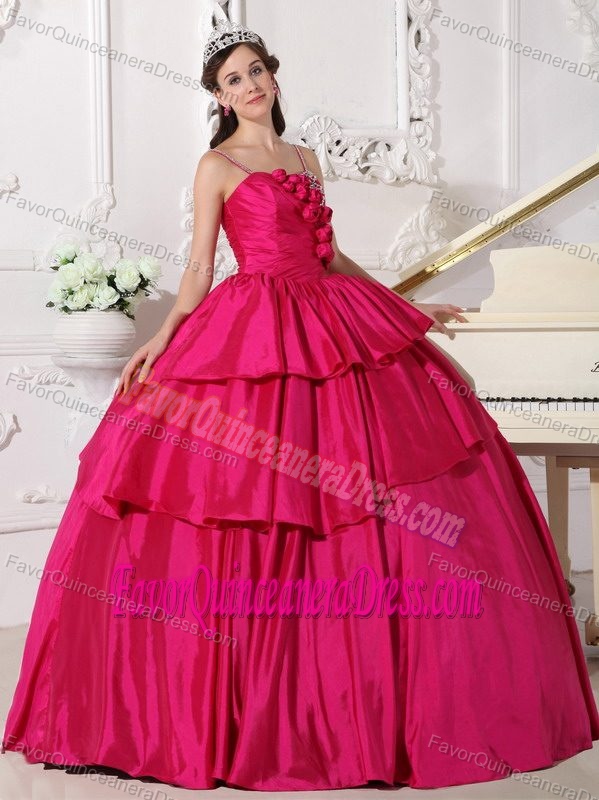 Hot Pink Layered Dress for Quinceaneras Decorated with Handmade Flowers