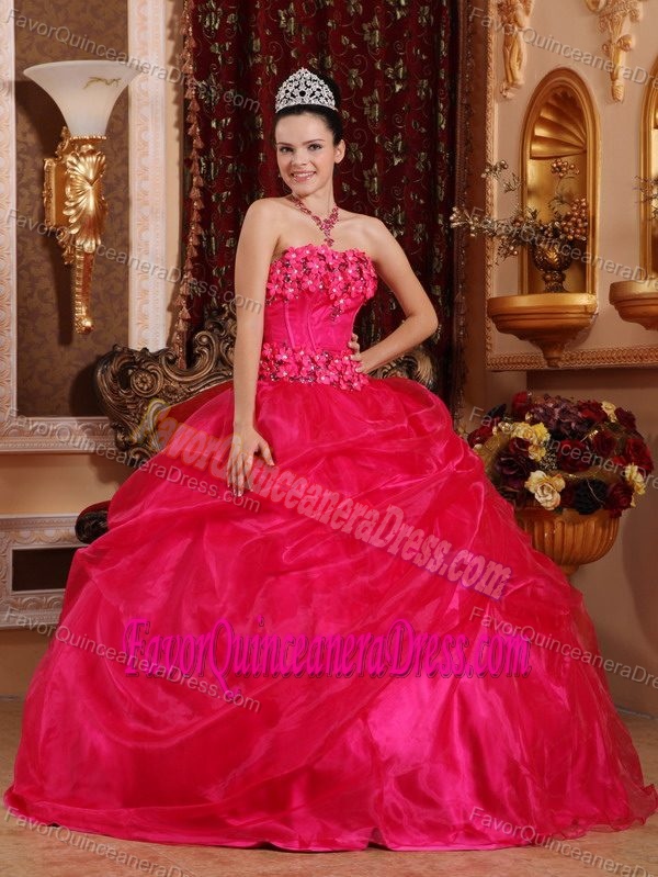 Hot Pink Strapless Organza Quinceanera Dress with Appliques to Floor Length