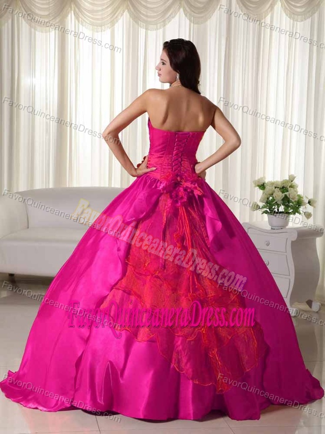 Floor-length Ruched Coral Red Ball Gown Strapless Quinces Dresses in Taffeta